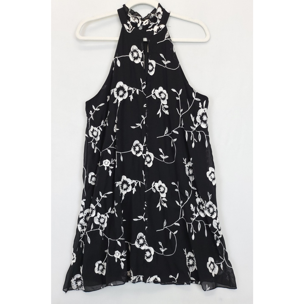Rebellion Halter Short Dress Embroidered Ruffled Black White‎ Women M Lined Boho